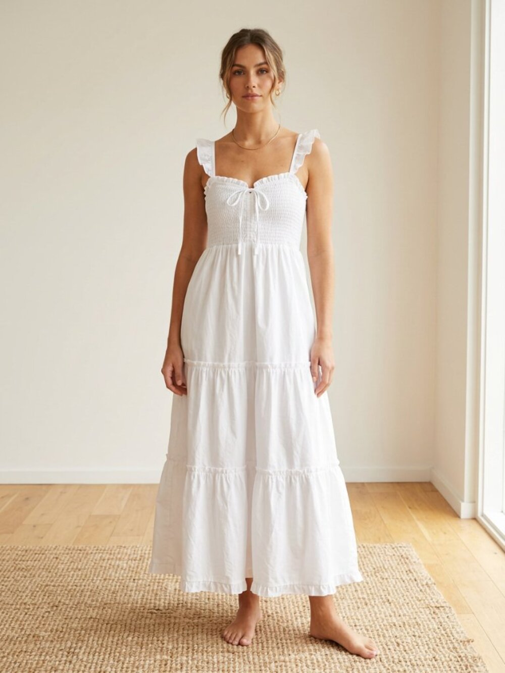White Smocked Bodice Tiered Midi Dress — Ruffled Straps, Tie Front, Cotton-Feel,